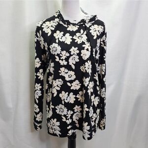 AnyBody Black and White Floral Hooded Long Sleeve Top Size XST
